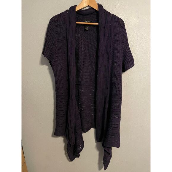 Pure Handknit Sweaters - Pure Handknit Cardigan Sweater Womens 1X Purple Short Sleeve Open Knit Drape Hem